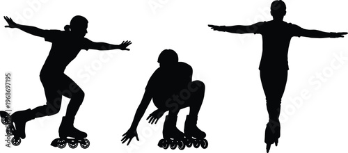 Inline skating silhouette set featuring people rollerblading, performing stunts, jumping, and balancing for extreme sports, fitness, urban recreation, and outdoor lifestyle.