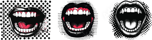 Collection of comic style illustrations of screaming mouths with open jaws and visible teeth on white background with black dots