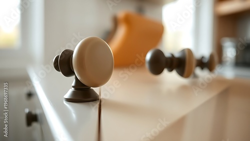 bakelite. Close-up of Art Deco style bakelite knobs on kitchen cabinet, vintage aesthetic. product launch decks, UI/UX mockups, designed for product launches and innovation pitches, clarifies data.