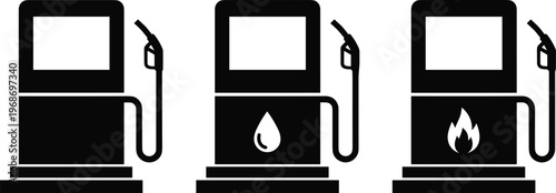 Gas pump icons set depicting fuel station dispenser petrol nozzle oil drop and fire flame symbols.