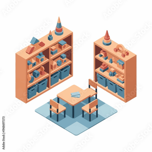 Childrens playroom with toys and furniture.