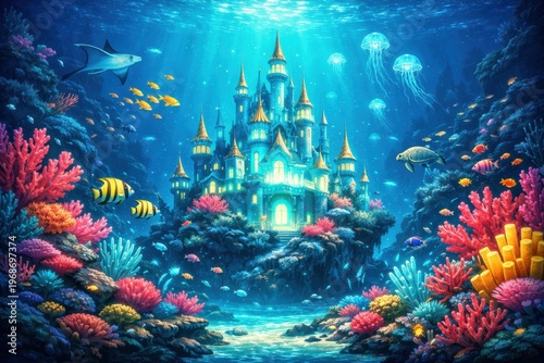 Enchanting Underwater Realm: A mesmerizing depiction of an underwater castle, teeming with marine life, showcasing a vibrant ecosystem in an ethereal, dreamlike scene.