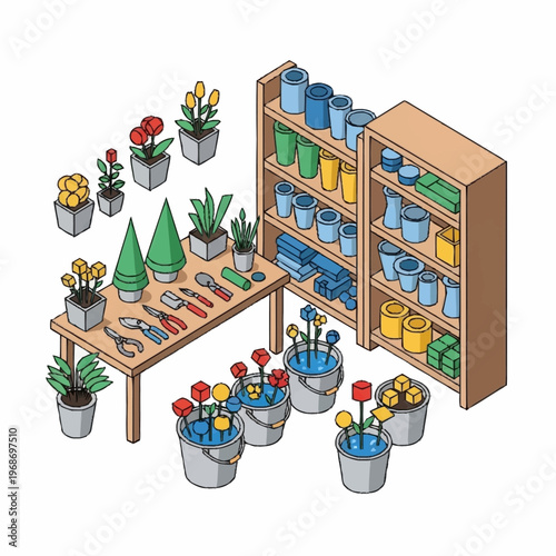 Gardening supplies and potted plants display.