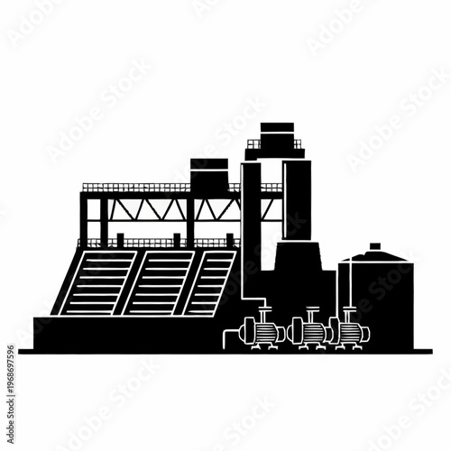 Industrial Factory Building Silhouette with Pumps and Tanks.
