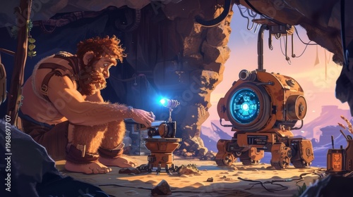A rugged caveman tinkers with a small futuristic robot inside a dimly lit cave, while a larger robotic companion watches. A unique blend of past and future aesthetics. AI generated.