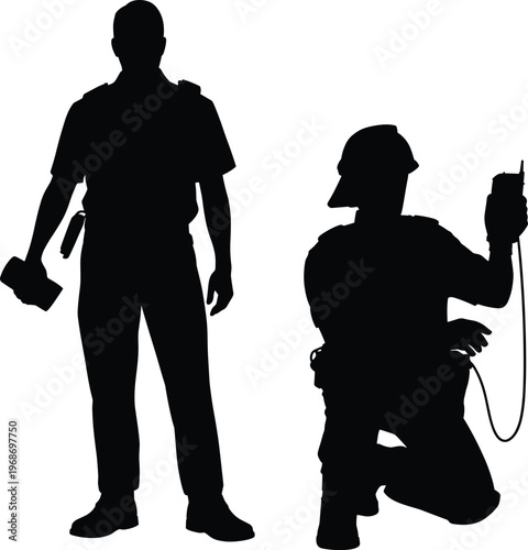 Professional worker silhouette featuring security guard and technician with walkie talkie, radio communication, hard hat, and uniform for industrial safety.