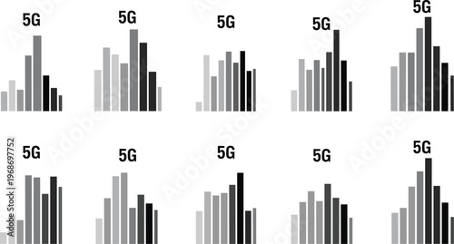 Set of 5g wireless technology signal strength bar graphs vector illustrations network.