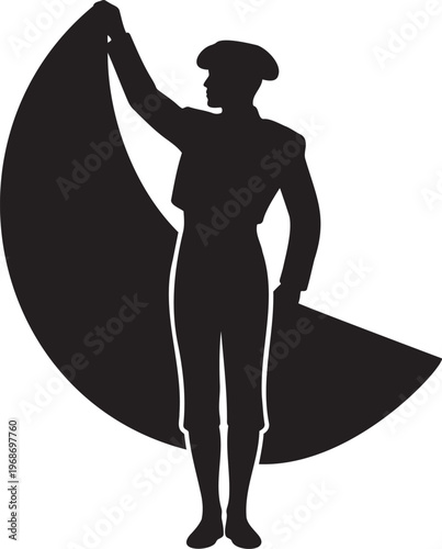 Matador silhouette with bullfighting cape, traditional spanish bullfighter pose, torero illustration, spain culture and tradition, black silhouette of man in matador suit holding muleta.