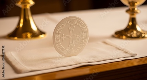 Communion Wafer on Altar with Chalices - Religious Ceremony.