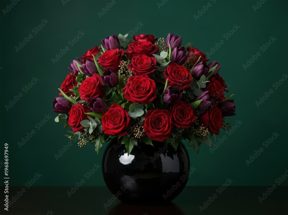 Fototapeta premium Red roses and purple tulips in black ceramic vase on dark background.