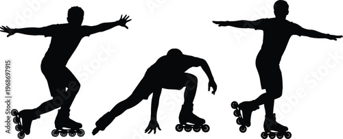 Inline skater silhouette collection featuring athletes rollerblading, practicing balance, performing street stunts, and enjoying outdoor fitness for extreme sports and recreation.