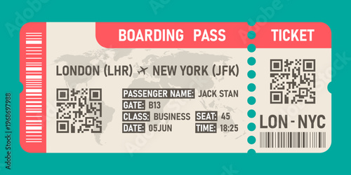 Colorful airline boarding pass ticket for a flight from London to New York with detailed information.