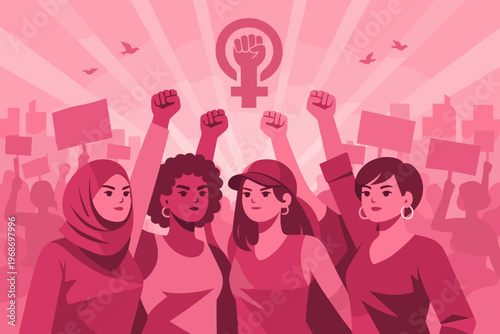 Women Empowerment and Feminism Concept with Diverse Female Protest and Equality Symbol