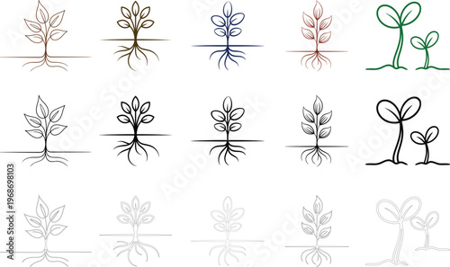 Plant Growth Icon Set – Root System, Seedling Germination Botanical Line Vector Collection