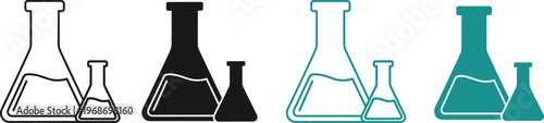 Laboratory flask icons set with liquid and beaker outline representing chemistry and research tools.