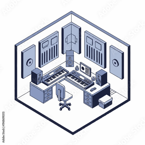Isometric Music Production Studio Setup with Keyboards and Speakers.
