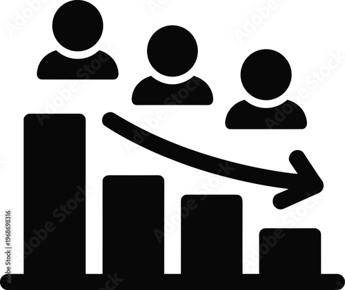 Bar chart with downward arrow and people icons showing decline in workforce or sales decrease business downfall illustration