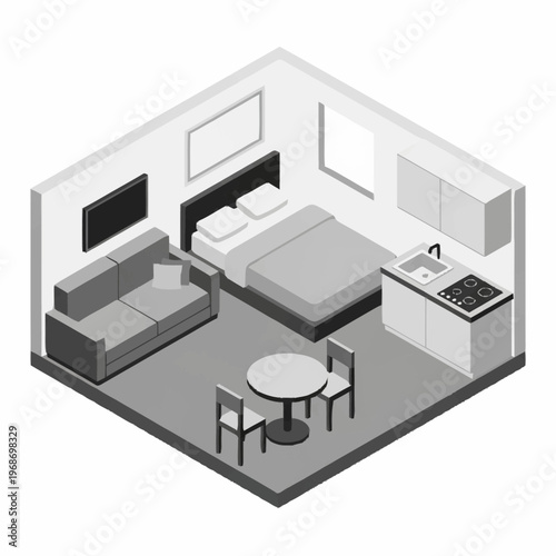 Isometric Studio Apartment Layout with Furniture and Appliances.