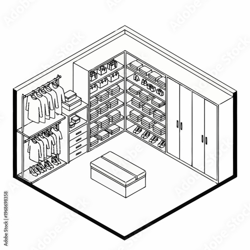 Isometric view of a modern walk-in closet design.