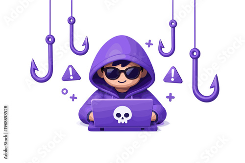 Phishing Attack Concept with Hacker, Hooks and Cyber Security Threat Illustration