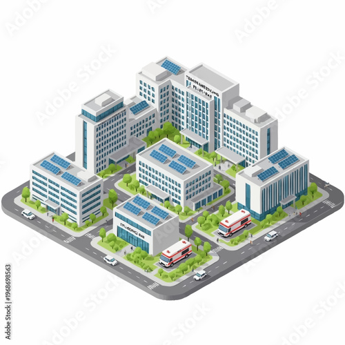 Modern Hospital Complex with Solar Panels and Ambulances.