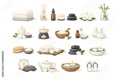 Spa and Wellness Icon Set with Aromatherapy, Massage, Candles and Relaxation Elements