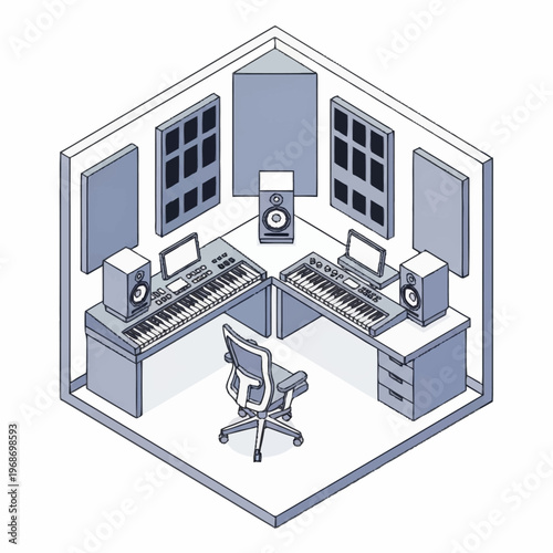 Modern Music Production Studio Setup with Keyboards and Speakers.