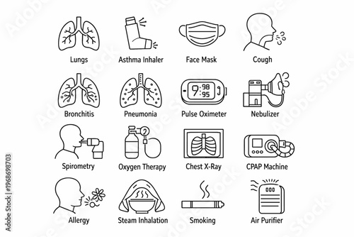 Respiratory Health Line Icon Set with Lungs, Asthma, Inhaler and Medical Equipment