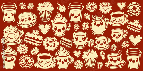 Charming doodle collection featuring various sweet treats and hot beverages