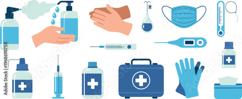 Healthcare hygiene and medical icon set with sanitizer mask thermometer gloves syringe first aid kit prevention flat illustration design