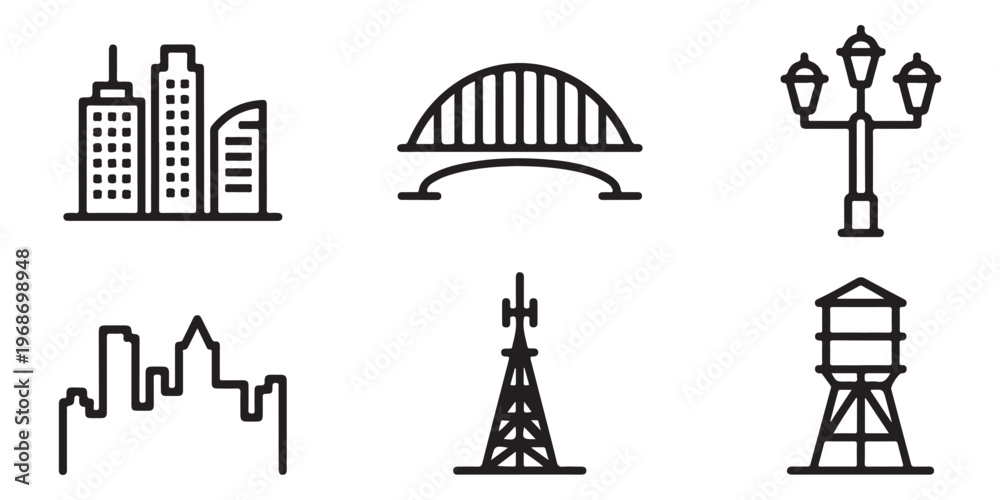 Naklejka premium Bold Line Art City and Urban Infrastructure Icons