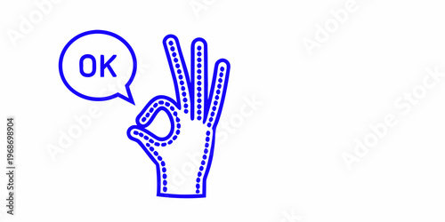 A blue outline of a hand displaying the ok sign with a speech bubble