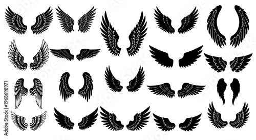 Wings collection with various designs and styles for artistic use featuring black, silhouette, vector with graphic and design elements for set,