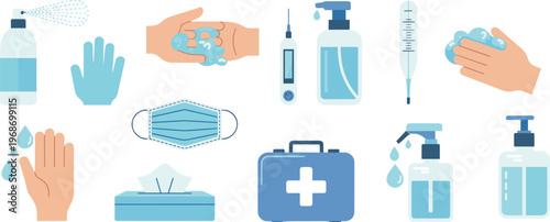Hygiene and healthcare icon set with handwashing sanitizer mask thermometer gloves tissue first aid kit prevention flat illustration design