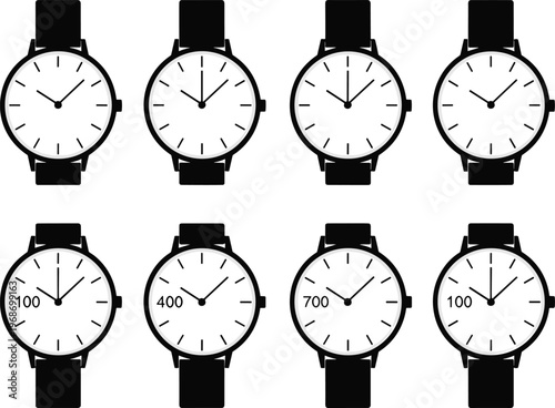 Set of eight minimalist wristwatches with black bands and different time settings illustration.