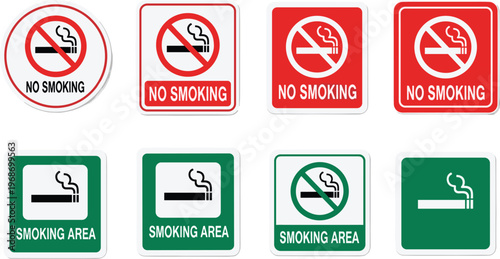 No smoking and smoking area sign set with different styles vector art illustration.