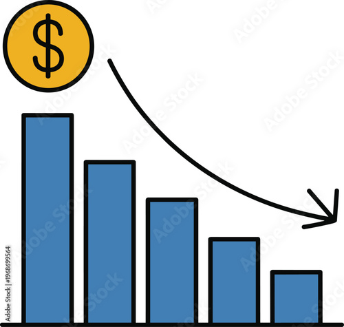 Declining bar chart with dollar coin and downward arrow showing financial loss and economic downturn