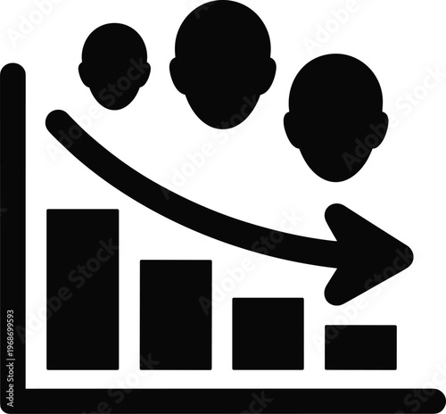 Declining bar chart with downward arrow and silhouettes of people representing decrease in workforce or business performance loss concept.