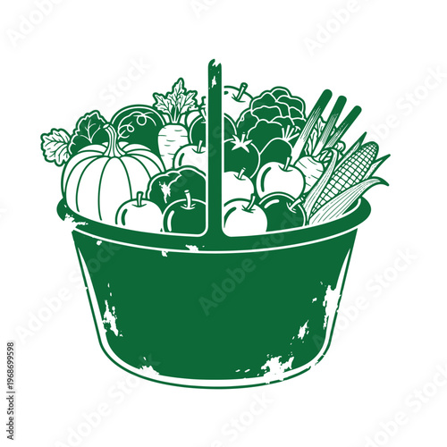Green bucket filled with vegetables and kitchen utensils distressed monochrome