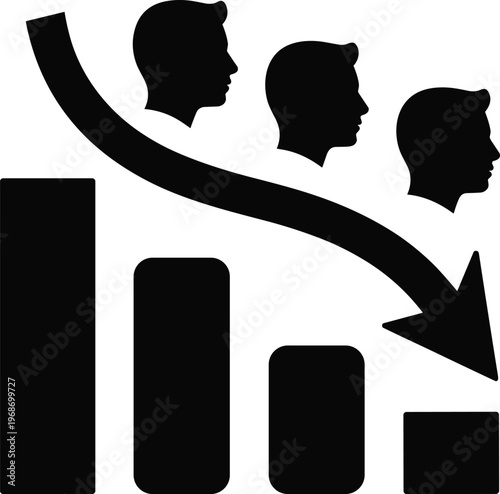  Downward trending bar chart with silhouette heads and arrow signifying decline in economy or popularity vector graphic