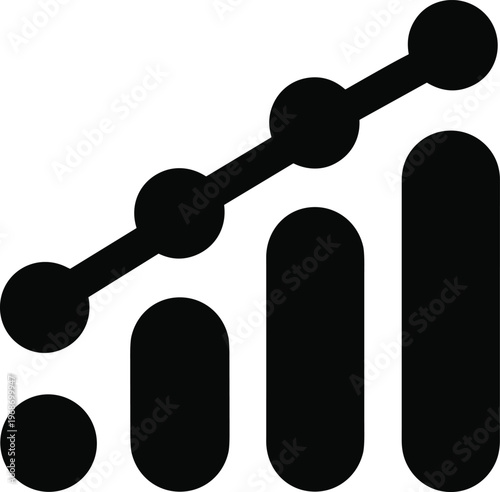 Growing bar chart with connected data points and ascending line indicating positive business trends vector graphic.