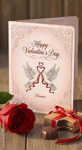 Valentines Day Card with Rose and Gift on Wooden Table.