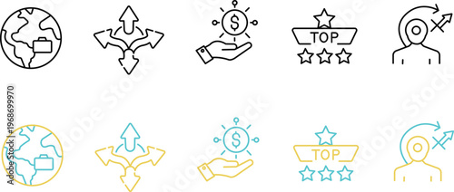 Global Business Strategy Career Growth Financial Success and Professional Leadership Development Vector Silhouette and Pictogram Icon Set.eps