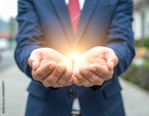 Close-up of a person's hands cupped, illuminated by a bright light emanating from within. The person wears a suit and tie
