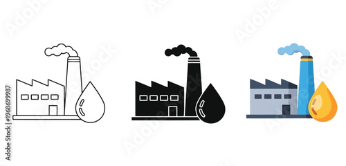 Oil refinery icons Vector Set in Three Styles — Line Art, Silhouette and Color Version, factory building with chimney and oil drop, vector illustration