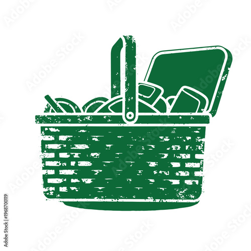 Green distressed vintage picnic basket with ice and drinks