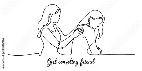 Minimalist Continuous Line Drawing of Girl Consoling Sad Friend
