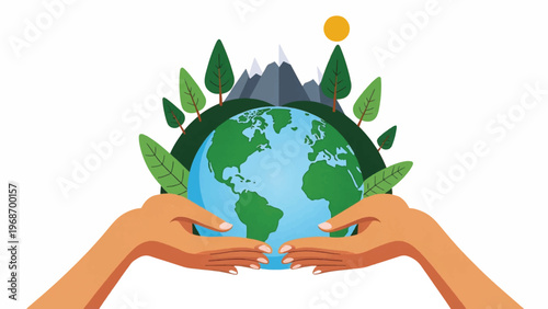 Eco friendly globe, earth protection, hands holding planet, green environment, eco care