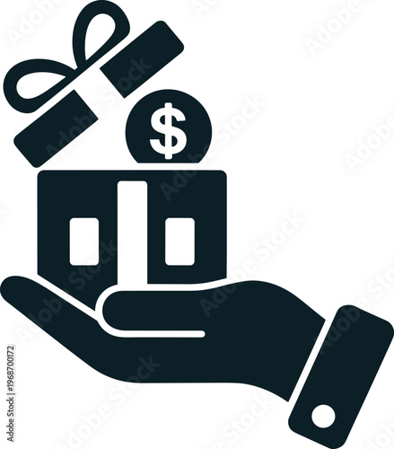 Hand holding open gift box with dollar coin and ribbon signifying financial gift or bonus vector icon