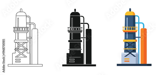 Industrial oil refinery tower icon Vector Set in Three Styles — Line Art, Silhouette and Color Ver, chemical plant distillation column, vector illustration of oil and gas processing facility equipment